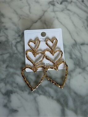 Gold Triple Heart Dangle Earrings - Women Jewelry